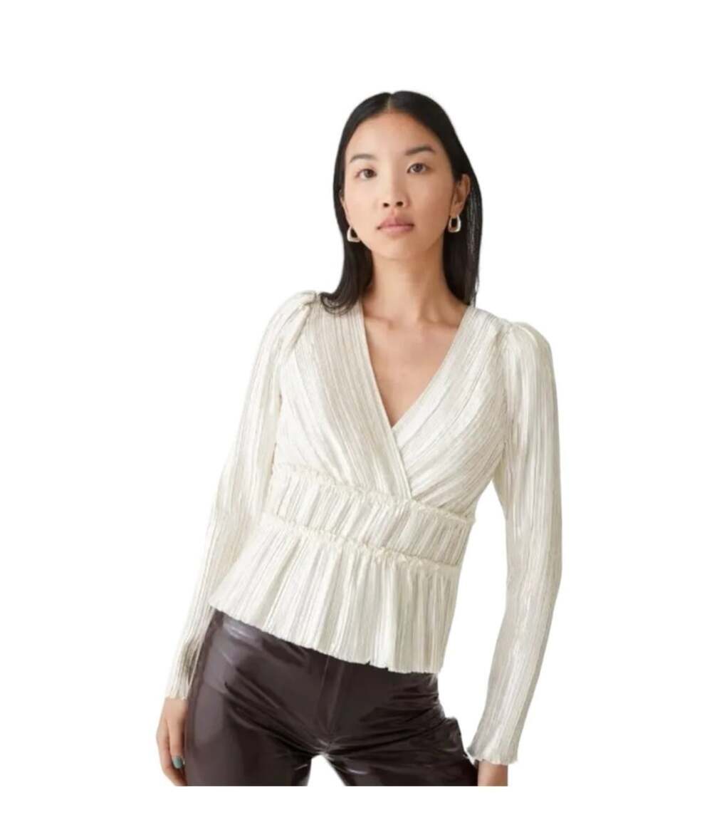 & Other Stories Plisse Faux Wrap Top Size 4 Shiny Ivory Pleated Balletcore